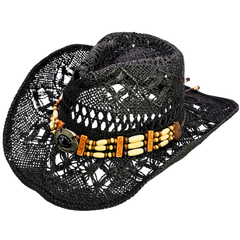 Straw Cowgirl Hat | Handmade Beaded Crown with Turquoise-stone Detail