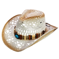 Straw Cowgirl Hat | Handmade Beaded Crown with Turquoise-stone Detail