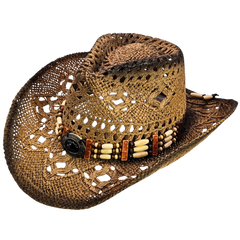 Straw Cowgirl Hat | Handmade Beaded Crown with Turquoise-stone Detail
