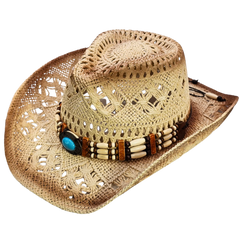 Straw Cowgirl Hat | Handmade Beaded Crown with Turquoise-stone Detail