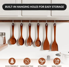 6-Piece Acacia Wood Cooking Utensil Set – Wooden Kitchen Pan Toolset for Nonstick Cookware – Includes Spoons & Spatulas – Non-Scratch, Eco-Friendly Cooking Tools – Everyday Use - Lifetime Replacements