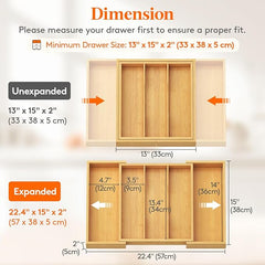 Lifewit Utensil Organizer for Kitchen Drawer, Expandable Cooking Utensil Tray, Bamboo Cutlery Silverware Flatware Holder, Adjustable Spatula Tools and Gadgets Storage Divider, Large, Natural