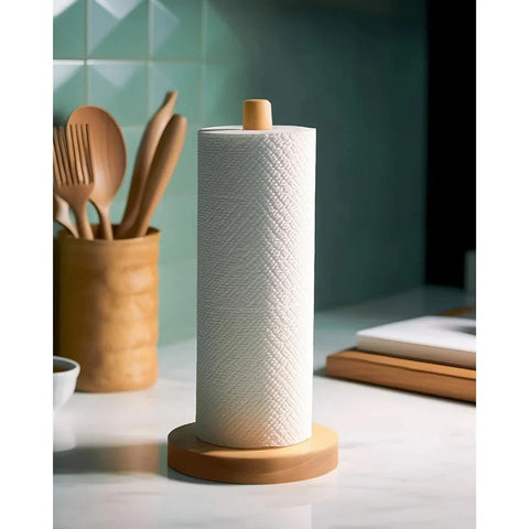 Bamboo Paper Towel Holder Wooden Countertop Kitchen Bathroom Organizer Stand