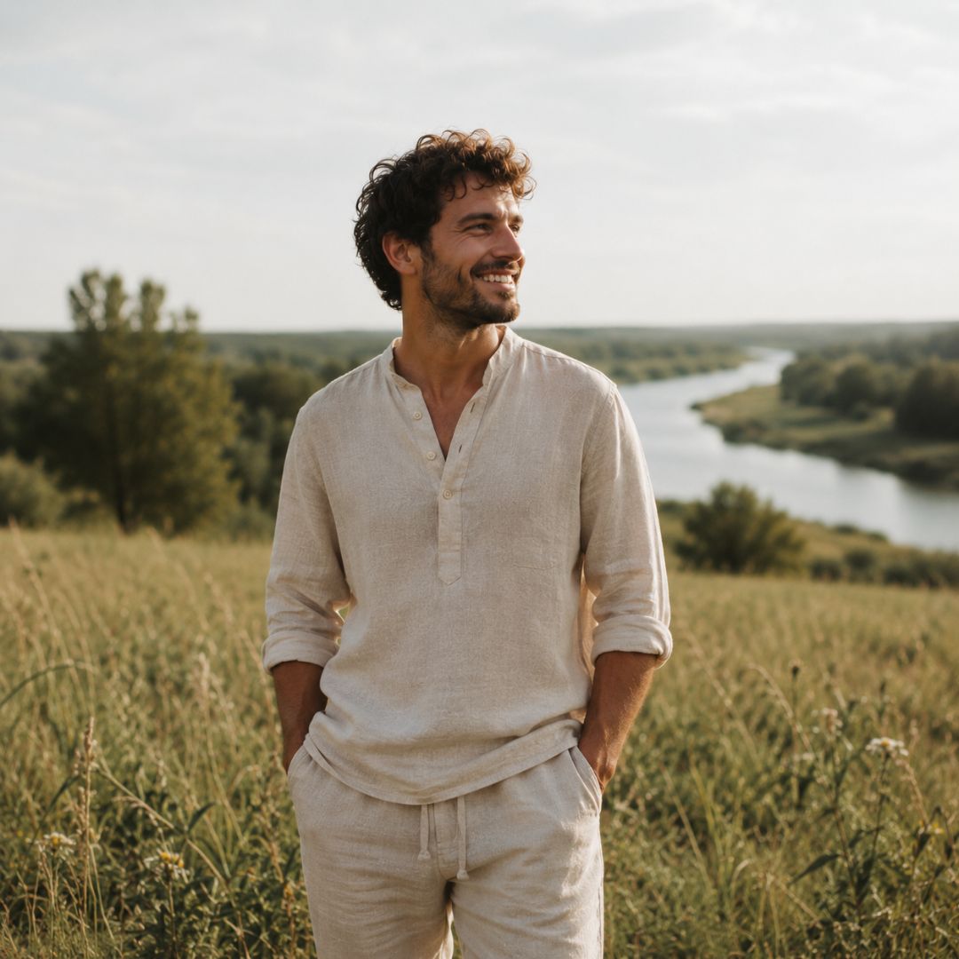 Man standing in a field with a river in the background