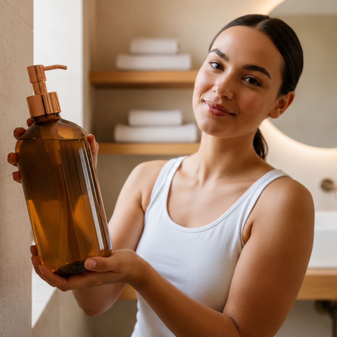 Woman holding an amber glass bottle with a pump in a bathroom setting