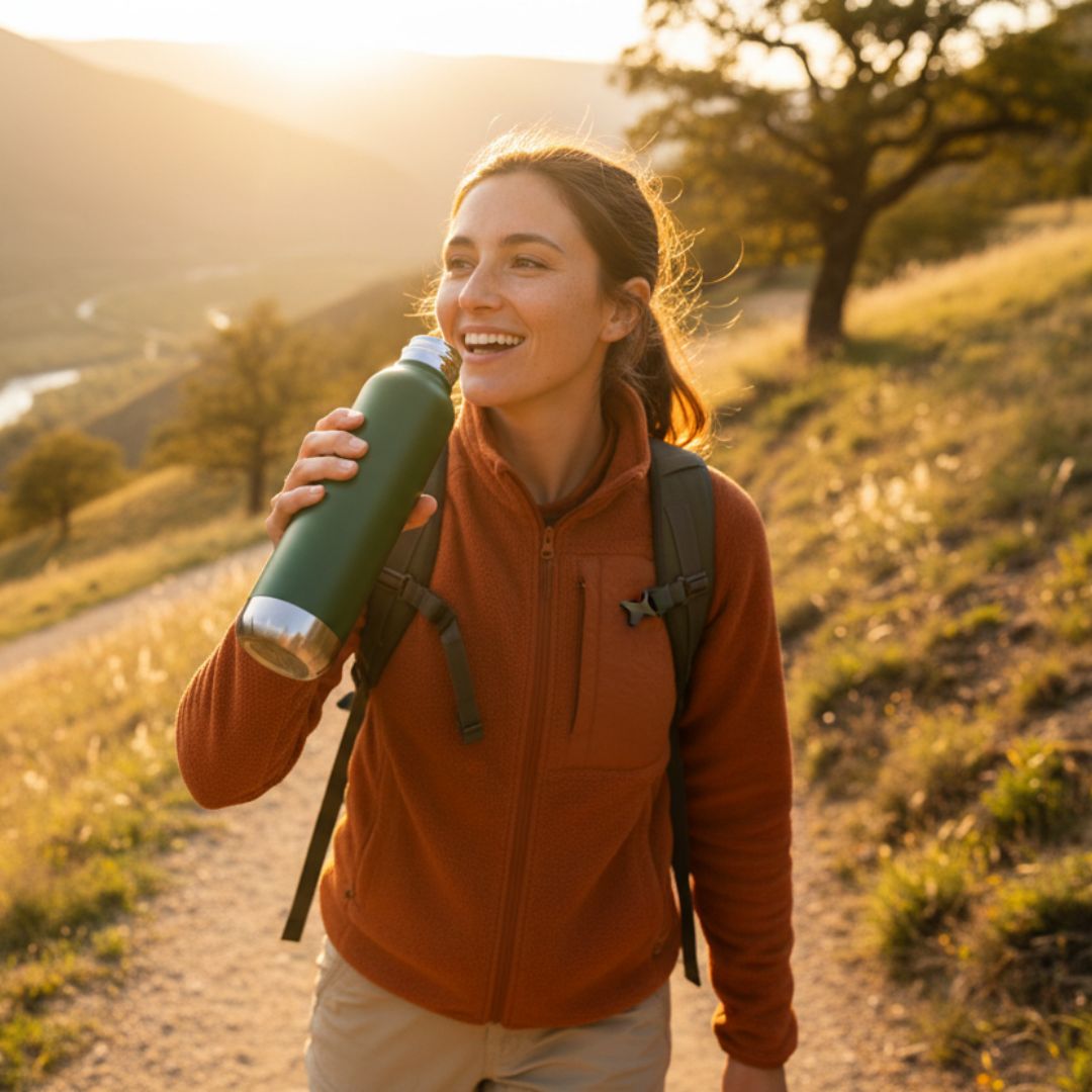 Woman hiking in a scenic outdoor setting with a green water bottle.